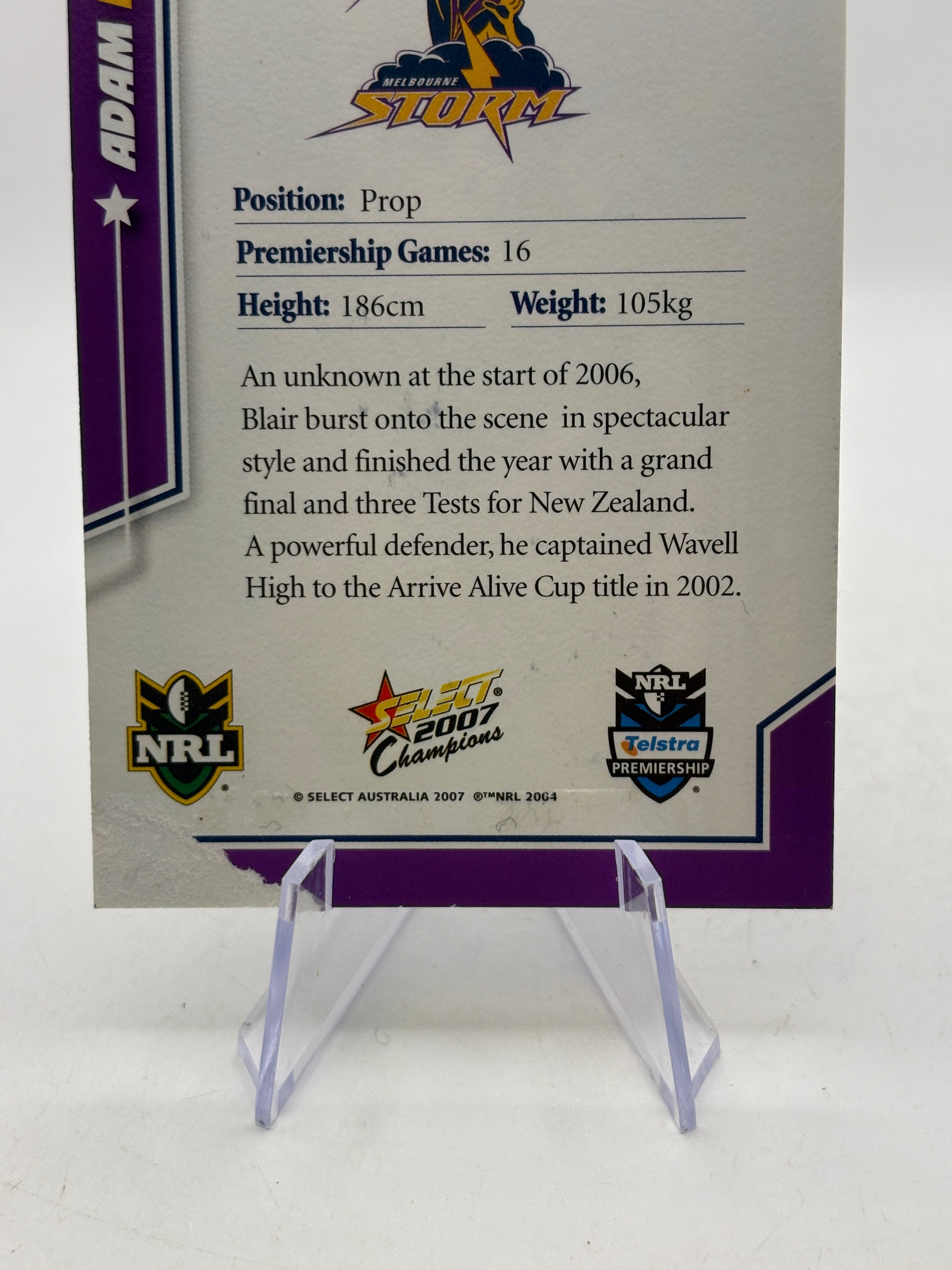 Select 2007 NRL Adam Blair Melbourne Storm on Card Auto